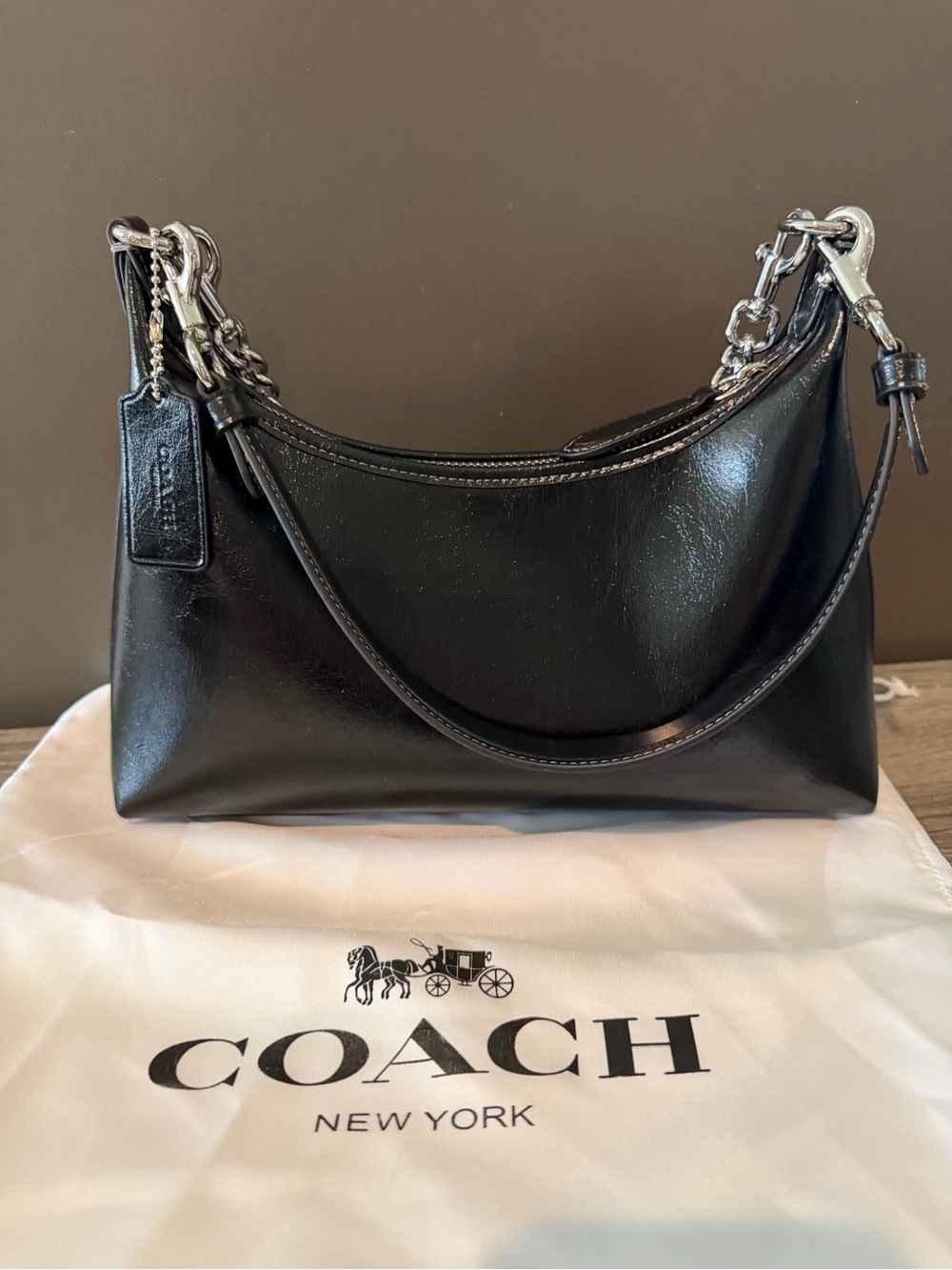 Coach Black Leather Shoulder Bag with Silver Chain - Picture 3 of 11
